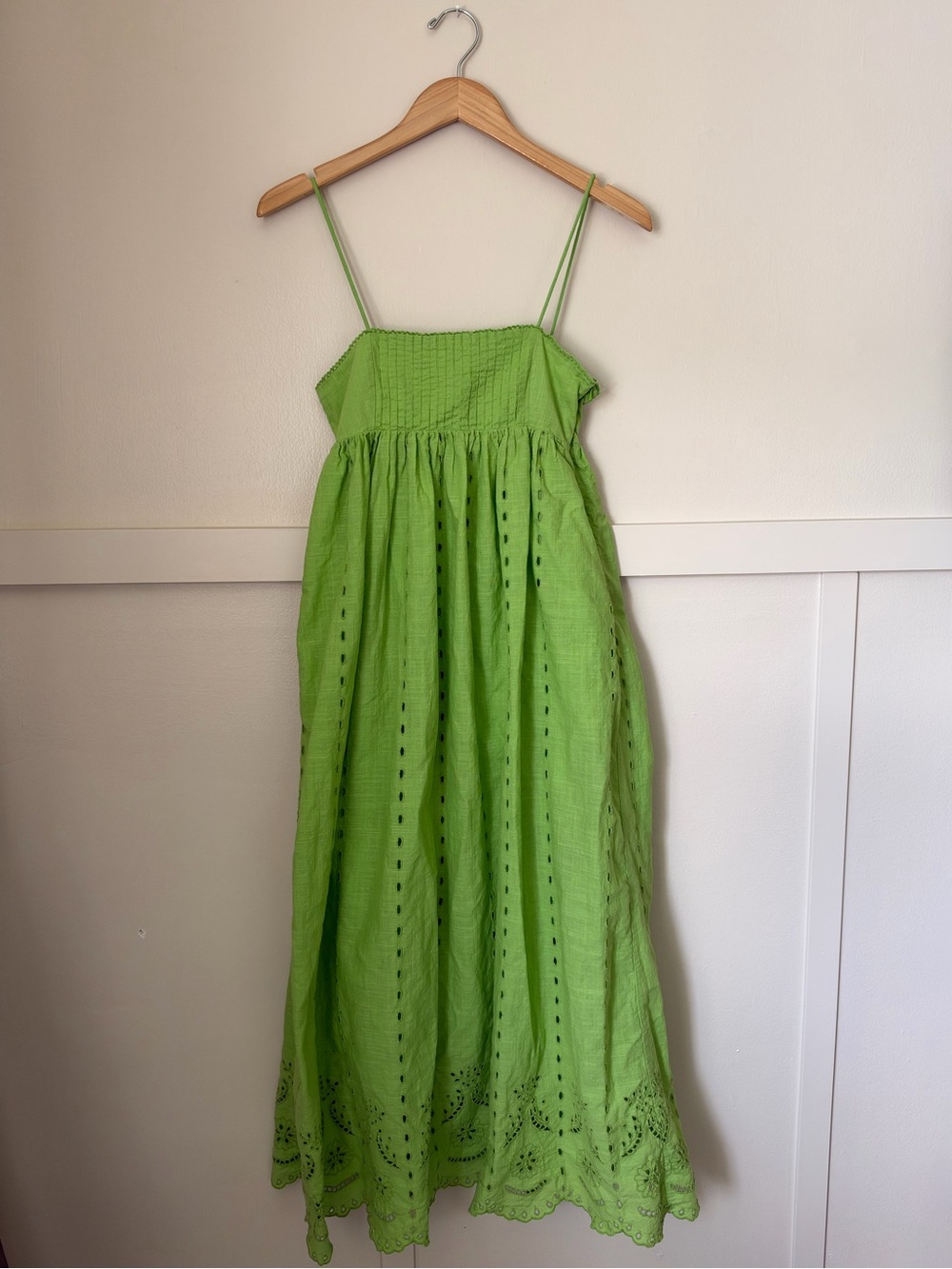 ZARA Openwork Embroidered Eyelet Maxi Dress Green Smocked Cutwork